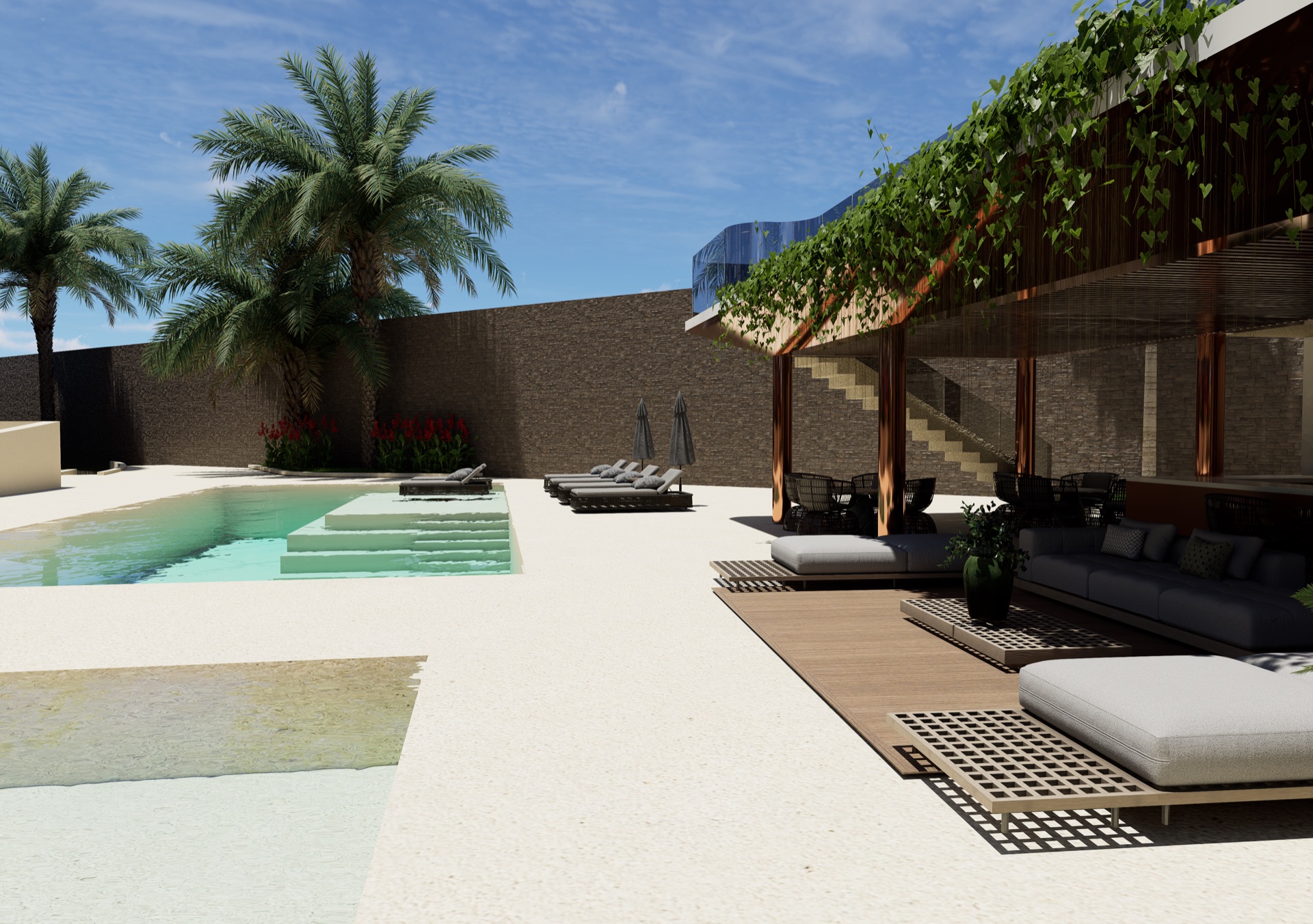 El caney social techado, junto a la piscina.