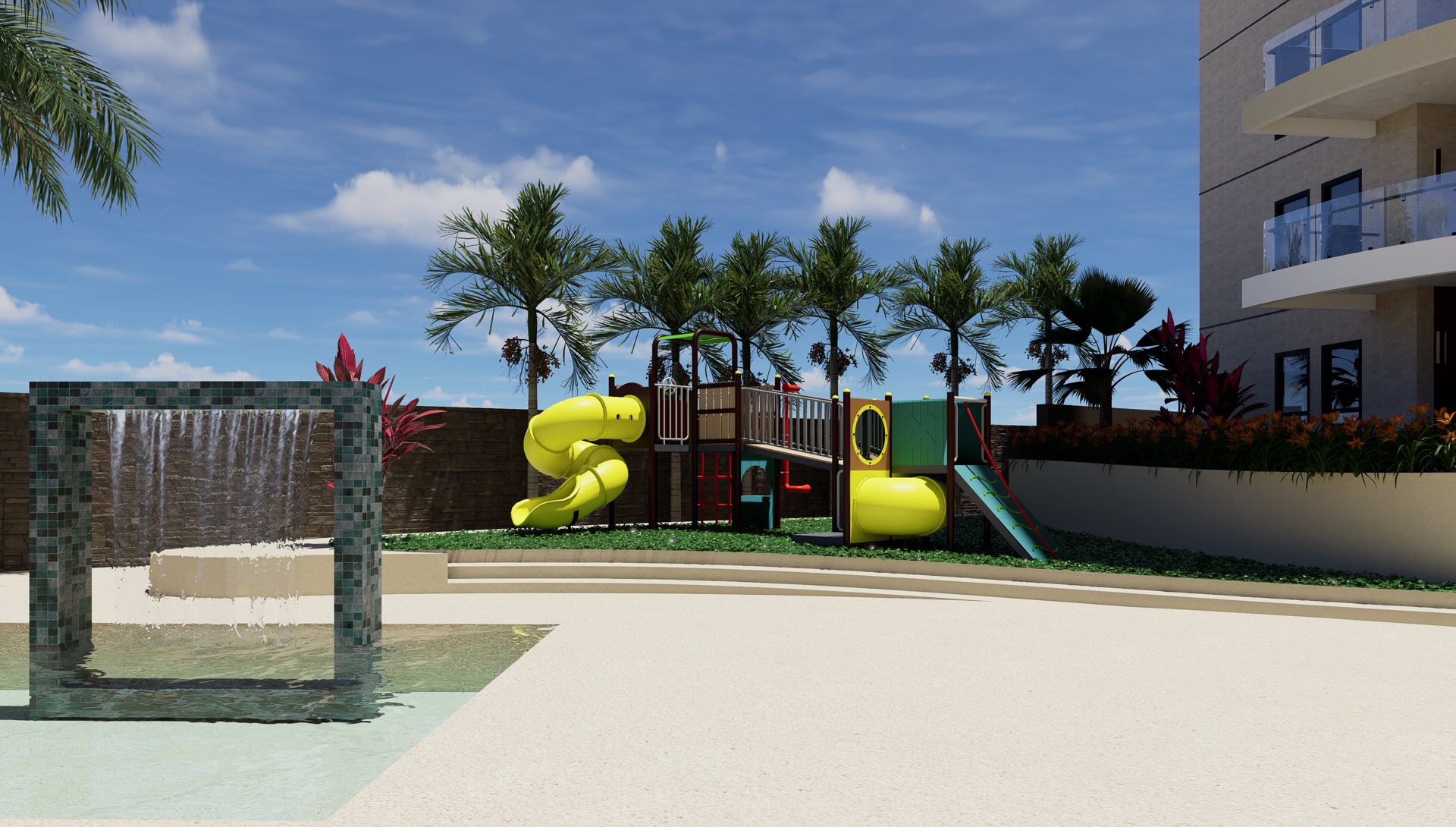 El parque infantil, entre la fuente y los jardines.